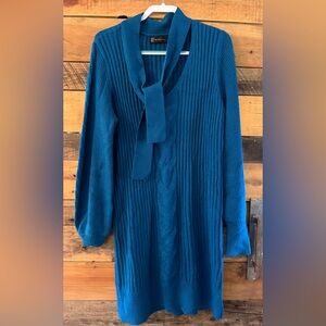 New York & Company Teal Ribbed Sweater Dress Tie Neck XL